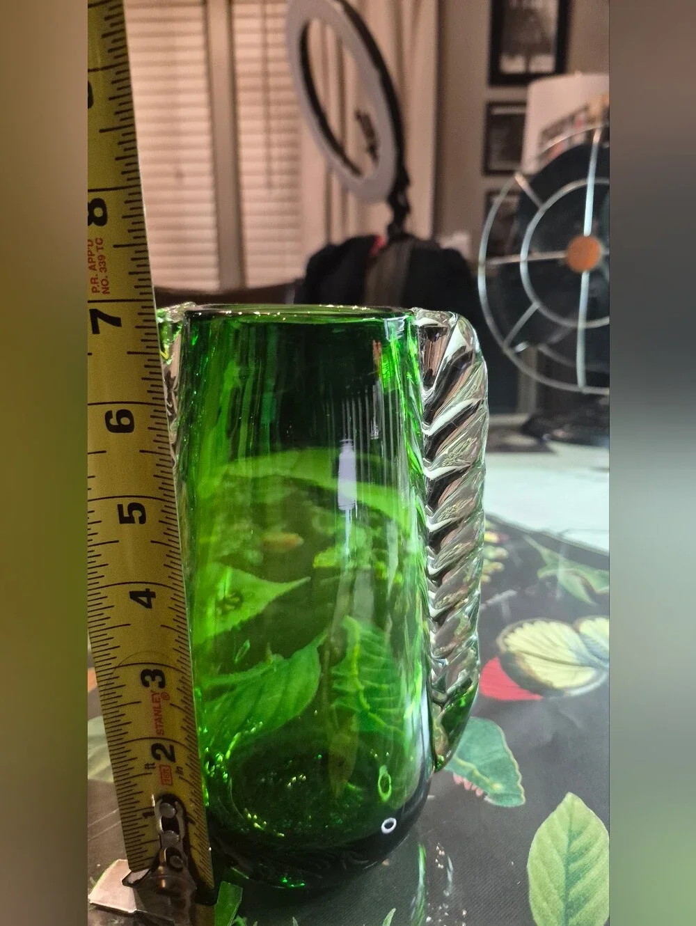 Green Glass Decorative Vase with Twisted Clear Handles